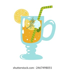Hand drawn lemonade with rosemary, lemon, mint and ice. Illustration for greeting cards, printing and other design projects.