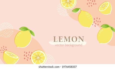 Hand drawn lemons and abstract elements on pastel pink background. Horizontal rectangle background design template with lemons for poster, web banner, header, video, package.