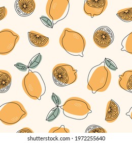Hand drawn Lemons background. Seamless pattern with citrus. Design for wrapping paper, fabric, interior decor. Vector illustration