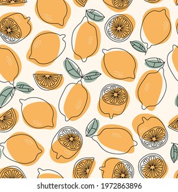 Hand drawn Lemons background. Seamless citrus pattern design for wrapping paper, fabric, interior decor. Vector illustration
