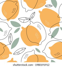 Hand drawn Lemons background. Seamless pattern with citrus. Design for wrapping paper, fabric, interior decor.