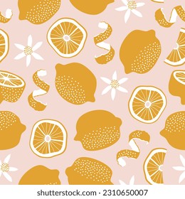 Hand drawn Lemons background. Seamless pattern with citrus. Design for wrapping paper, fabric, interior decor. Vector illustration