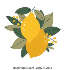 Hand drawn lemons with flowers and leaves isolated on white background. Vector illustration