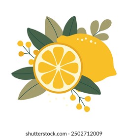 Hand drawn lemons with flowers and leaves isolated on white background. Vector illustration