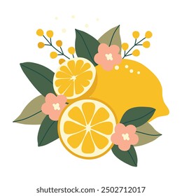 Hand drawn lemons with flowers and leaves isolated on white background. Vector illustration