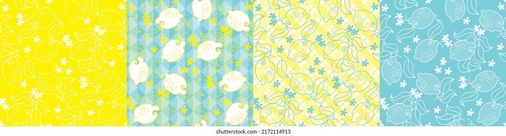 Hand drawn lemons kitchen seamless pattern. Yellow and blue color summer pattern. Vector repeatable motif with summer vibes for textile, fabric, sublimation, print, web.