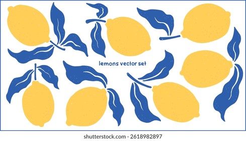 Hand drawn lemons with leaves flat vector set. Mediterranean Italian summer style. Clipart set, editable elements with transparent background. For posters, textiles, wallpapers, packaging, stickers