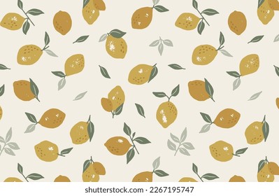 Hand drawn lemons and leaves seamless pattern in vector style