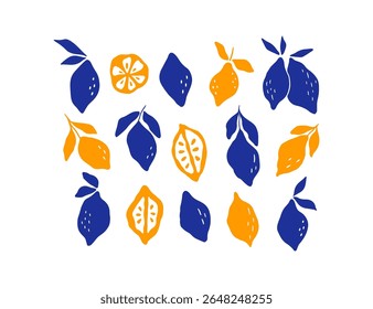 Hand drawn lemons with leaves vector illustration set. Fresh lemon fruit slice element isolated on white. Italian summer ripe citrus art drawing. Dolce vita style. Graphic for logo, lemonade menu.