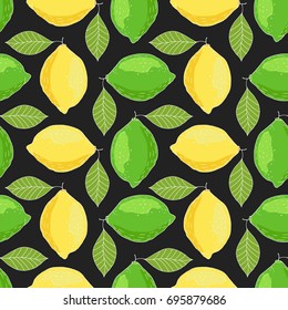 Hand drawn lemons and limes. Lemon seamless pattern and black background