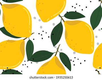 Hand drawn lemons on white background with black and grey dots. Hand drawn hugge style botanical illustration. Lemons seamless pattern. Scandinavian style vector graphics