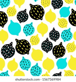 Hand drawn lemons seamless pattern on white background. Vector clipart repeating illustration of fruits for fabric design, party paper, wallpaper.