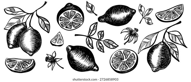 Ajuste de limões desenhados à mão. Citrinos inteiros e em fatias, ramos e folhas. Arte mínima contemporânea. Coleção de esboço ilustração, vintage crayon estilo carvão. Melhor para designs de pacotes e menus