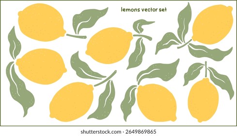 Hand drawn lemons vector set. Flat, with leaves. Mediterranean Italian summer style. Clipart set, editable elements with transparent background. For posters, textiles, wallpapers, packaging, stickers