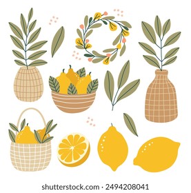 Hand drawn lemons, wicker basket, flowers, vase, leaves, branch, wreath set isolated on white background. Vector illustration, flat style