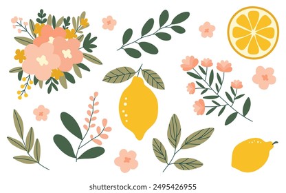 Hand drawn lemons, wicker basket, flowers, vase, leaves, branch, wreath set isolated on white background. Vector illustration