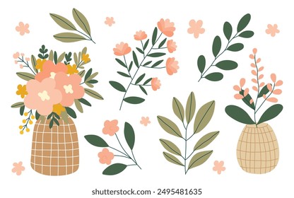 Hand drawn lemons, wicker basket, flowers, vase, leaves, branch, wreath set isolated on white background. Vector illustration