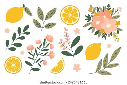 Hand drawn lemons, wicker basket, flowers, vase, leaves, branch, wreath set isolated on white background. Vector illustration