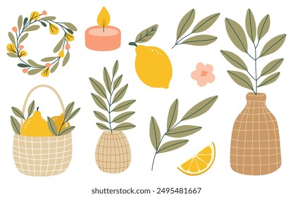 Hand drawn lemons, wicker basket, flowers, vase, leaves, branch, wreath set isolated on white background. Vector illustration