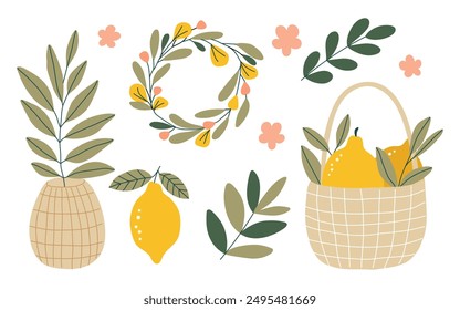 Hand drawn lemons, wicker basket, flowers, vase, leaves, branch, wreath set isolated on white background. Vector illustration