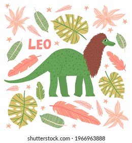 Hand drawn Leo dinosaur character isolated on white background. Funny large monster with lion mane. Childish animal, horoscope zodiac sign cartoon vector illustration. Flat kids t shirt print