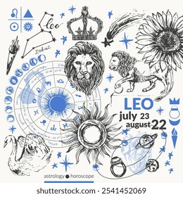 Hand drawn leo zodiac sign illustration, horoscope background with astrology symbols and talismans.
Zodiac wheel, planets, sun, moon, star constellations.