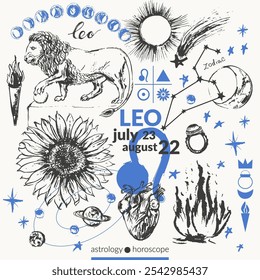 Hand drawn leo zodiac sign illustration, horoscope background with astrology symbols and talismans. Zodiac wheel, planets, sun, moon, star constellations.