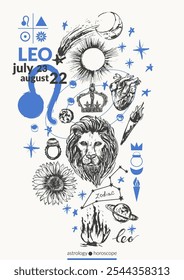 Hand drawn leo zodiac sign illustration, horoscope background with astrology symbols and talismans.
Zodiac wheel, planets, sun, moon, star constellations.