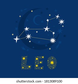 Hand drawn Leo zodiac star constellation design. Abstract starry map of the night sky with blue background and decorative lettering. Vector isolated illustration for posters, prints, birthday cards.