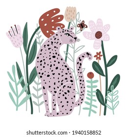 Hand drawn leopard in floral setting. Fashionable Jungle print. Cartoon vector summer illustration