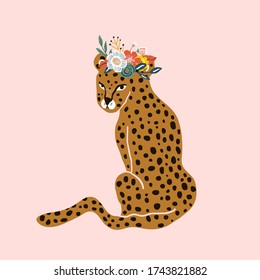 Hand drawn leopard in with floral wreath on head, pink background. Trendy Jungle print. Cartoon vector summer illustration