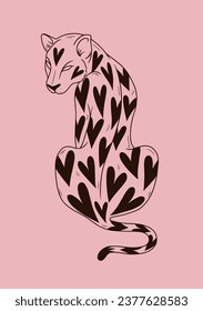 Hand drawn leopard with hearts print. Pink background. Fashion jungle print. Vector cartoon vector illustration. Exotic and romantic animal.