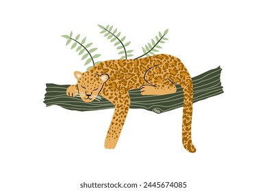 leopardo dibujado a mano en una rama en estilo plano. selva, naturaleza salvaje. Ilustración vectorial para el diseño.