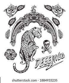 hand drawn Leopard, rose, leaf, skull, slogan and vintage ornaments illustrations pack for designers