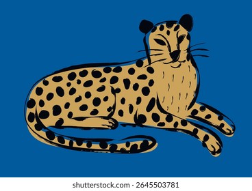 Leopardo desenhado à mão em linhas negras grossas sobre fundo azul de cobalto ultramarino . Ilustração de vetor. Arte moderna.