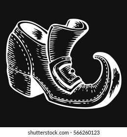 Hand drawn leprechaun boot sketch for St. Patrick's Day. Irish festival retro vintage decoration. Vector vintage hand drawn saint Patrick day illustration.