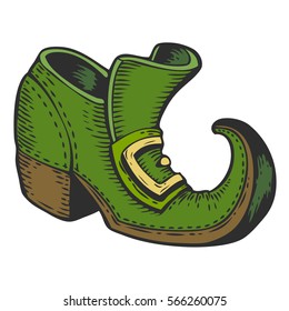 Hand drawn leprechaun green boot sketch for St. Patrick's Day. Irish festival retro vintage decoration. Vector vintage hand drawn saint Patrick day illustration.