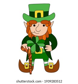 Hand drawn leprechaun in green clothes with four leaf clover and shillelagh stock vector illustration. Funny colorful irish leprechaun white isolated. Happy Patrick's Day traditional character clipart