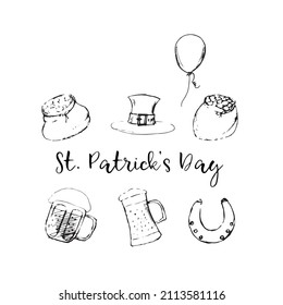 Hand drawn leprechaun hat, beer mug, barrel, golden coin bag sketch set for St. Patrick's Day. Irish festival retro vintage decoration. Vector vintage hand drawn saint Patrick day.

