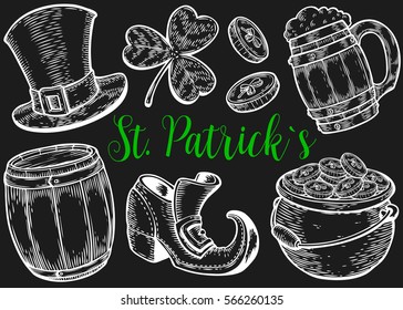 Hand drawn leprechaun hat, clover, beer mug, barrel, boot, golden coin pot sketch set for St. Patrick's Day. Irish festival retro vintage decoration. Vector vintage hand drawn saint Patrick day.