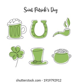 Hand drawn leprechaun hat, clower, beer mug, golden coin pot sketch set for St. Patrick Day. Irish festival decoration. Vector hand drawn set