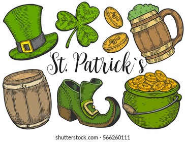 Hand drawn leprechaun hat, clower, beer mug, barrel, boot, golden coin pot sketch set for St. Patrick's Day. Irish festival retro vintage decoration. Vector vintage hand drawn saint Patrick day