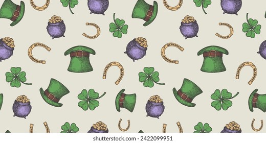 Hand Drawn Leprechaun Hat, Horseshoe and Treasure Pot Vector Seamless Background Pattern with Green Lucky Shamrock Background, Wrapping Cover Template