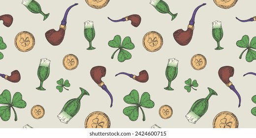 Hand Drawn Leprechaun Pipe, Golden Coins and Green Lucky Shamrock Vector Seamless Background Pattern. Saint Patrick Celebration Greeting Sketches Card, Wrapping or Cover Template.