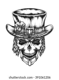 Hand drawn leprechaun skull wearing Irish hat with lucky three leaf clover. Saint Patricks Day. Vector illustration