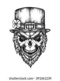 Hand drawn leprechaun skull wearing Irish hat with lucky four leaf clover. Saint Patricks Day. Vector illustration