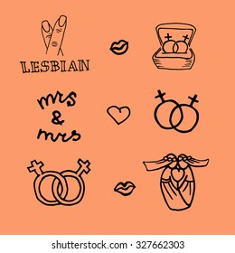 Hand drawn lesbian icon set with pink background.