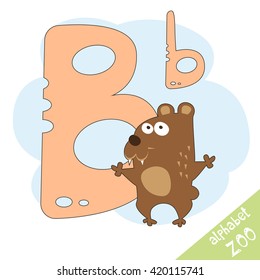 Hand drawn letter B and funny cute bear. Children's alphabet in cartoon style, vector illustration.
