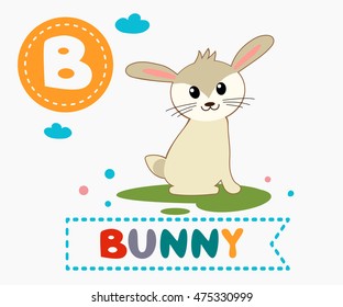 Hand drawn letter B and funny cute bunny. Children's alphabet in cartoon style, vector illustration.