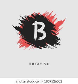 Hand drawn Letter B Logo on colorful brush strokes background. Initial white paint brush stroke letter B Logo Design. Creative template for logotype, emblem, monogram, jewelry, cosmetic or brand name.